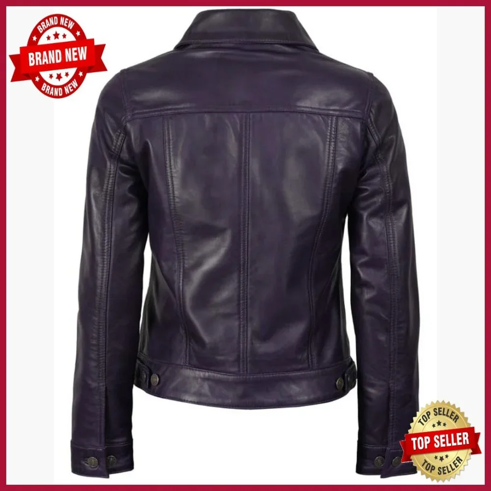 Real Lambskin Leather Trucker Jacket Women's Regular Fit Long Sleeve - Picture 4 of 6